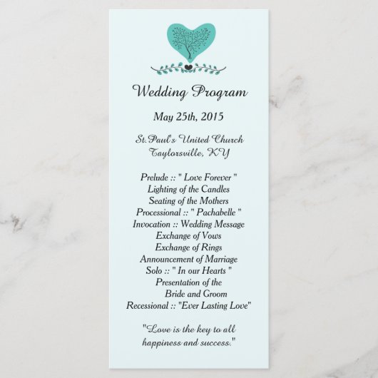 25 Blauwe Boom- en Heart Wedding-programma's Programmakaart (Voorkant)