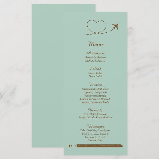 25 Blue Airplane Heart Wedding Menu Kaarten (Voorkant / Achterkant)