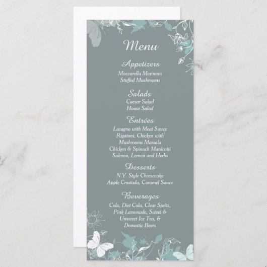 25 Blue Butterfly Wildflower Spring Menu Kaarten (Voorkant / Achterkant)