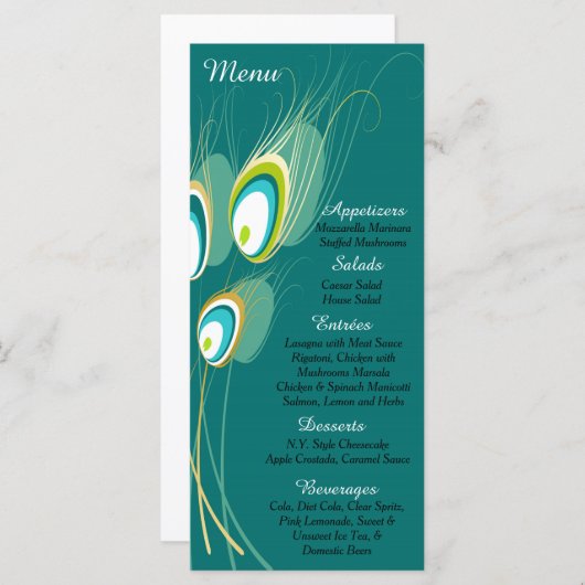 25 Blue Peacock Feather Menu Kaarten (Voorkant / Achterkant)