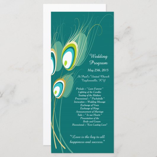 25 Blue Peacock Feather Wedding Programs Programmakaart (Voorkant / Achterkant)