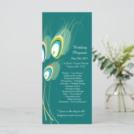 25 Blue Peacock Feather Wedding Programs Programmakaart (Staand voorkant)