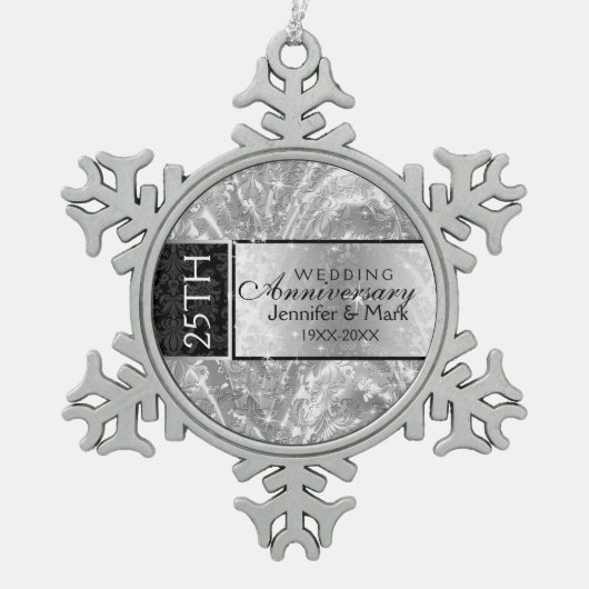 25 bruiloft Jubileum glanzend zilver en zwart Tin Sneeuwvlok Ornament (Voorkant)