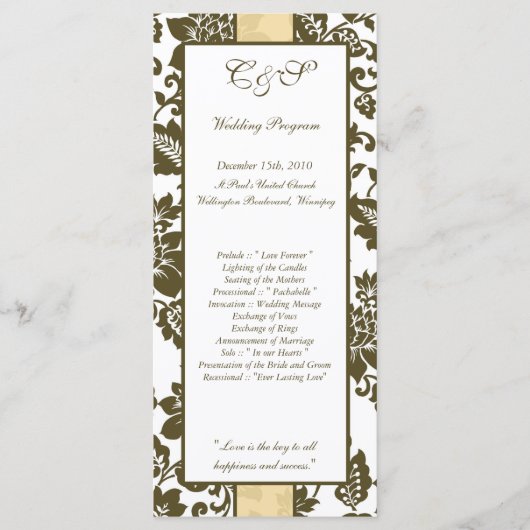 25 Bruin/Creme Bloemen Damask Trouwprogramma's Programmakaart (Voorkant)