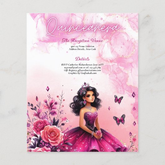 25 BUDGET Magenta Quinceanera-jurk Bloemenpapier Flyer (Achterkant)