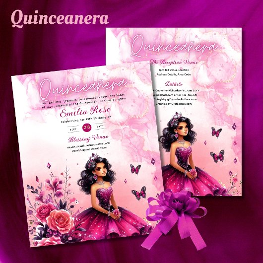 25 BUDGET Magenta Quinceanera-jurk Bloemenpapier Flyer