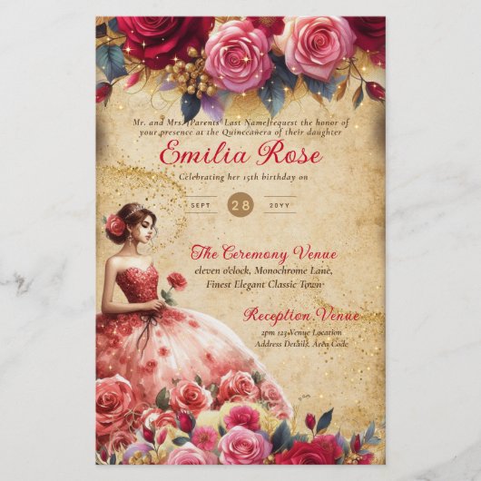 25 Budget Rode Perkament Uitzicht Quinceanera Doe- Flyer (Voorkant)