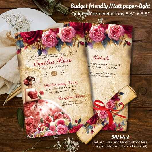 25 Budget Rode Perkament Uitzicht Quinceanera Doe- Flyer