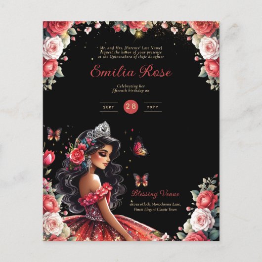 25 Budget Rode Zwarte Quinceanera Jurk Bloem Papie Flyer (Voorkant)