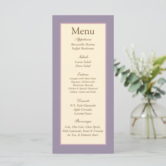 25 Elegante Paarse bruiloft Menu Labels (Staand voorkant)