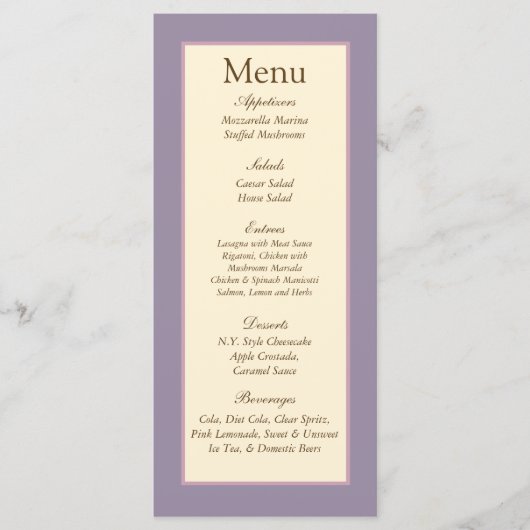 25 Elegante Paarse bruiloft Menu Labels (Voorkant)