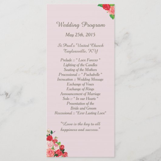 25 Floral Wedding Programma's Pik en Red Roses (Voorkant)