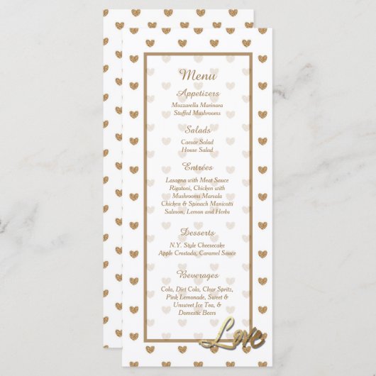 25 Gold Love Hearts Wedding Menu Kaarten (Voorkant / Achterkant)