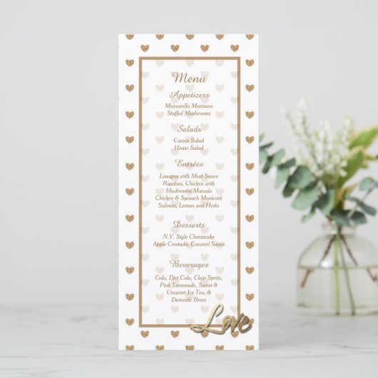 25 Gold Love Hearts Wedding Menu Kaarten (Staand voorkant)
