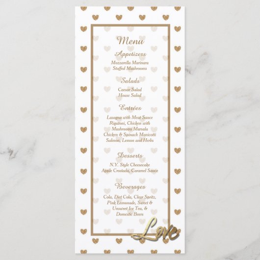25 Gold Love Hearts Wedding Menu Kaarten (Voorkant)
