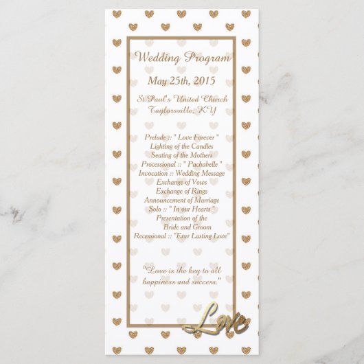25 Gold Love Hearts Wedding Programs Programmakaart (Voorkant)