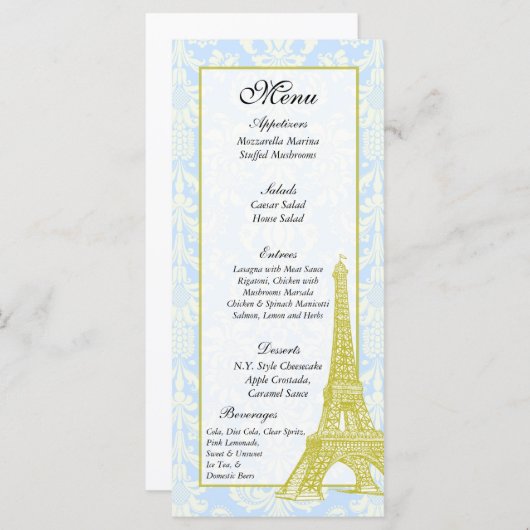 25 Huwelijk in Parijs Blauw Damask Menu Labels (Voorkant / Achterkant)