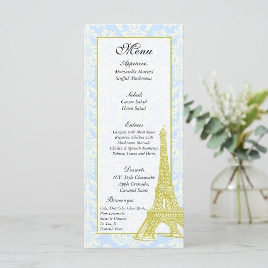 25 Huwelijk in Parijs Blauw Damask Menu Labels (Staand voorkant)
