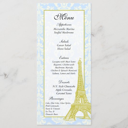 25 Huwelijk in Parijs Blauw Damask Menu Labels (Voorkant)