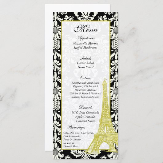 25 Huwelijk in Parijs Zwart Damask Menu Labels (Voorkant / Achterkant)
