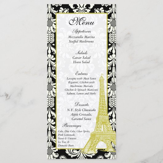25 Huwelijk in Parijs Zwart Damask Menu Labels (Voorkant)