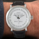 25 jaar Loyal Service Award Watch Horloge<br><div class="desc">Een horloge om een pensionering of een lange dienst te gedenken. Personaliseer om naam,  bedrijf of organisatie,  en data te omvatten. Unieke herinnering aan een bijzondere prestatie. Pensionering of langdurige polshorloge. Witte horlogezijde.</div>