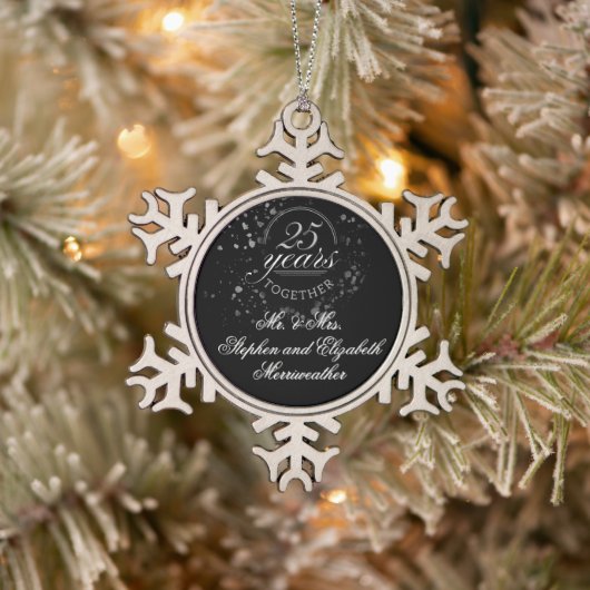 25 jaar samen Silver Wedding Jubileum Zwart Tin Sneeuwvlok Ornament (Boom)