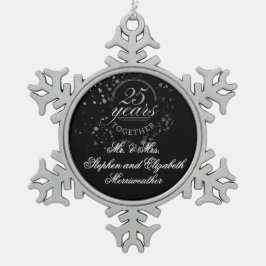 25 jaar samen Silver Wedding Jubileum Zwart Tin Sneeuwvlok Ornament