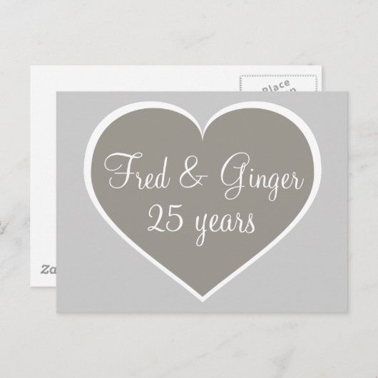 25 jaar zilveren en witte hart zilveren jubileum briefkaart (Voorkant / Achterkant)