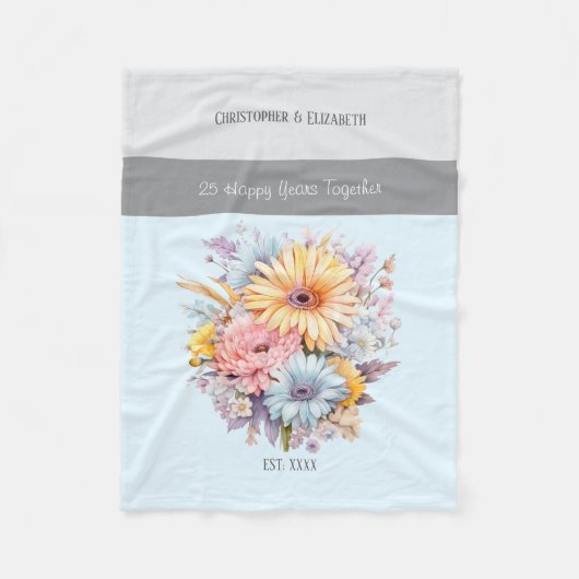 25 jaar zilveren jubileum bloemen blauw fleece deken (Voorkant)