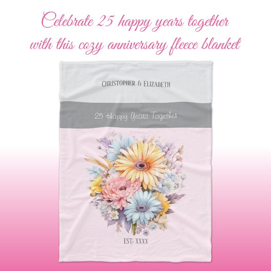 25 jaar zilveren jubileum bloemen roze fleece deken