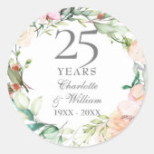 25 jaar zilveren Jubileum Rozen Floral Ronde Sticker (Voorkant)