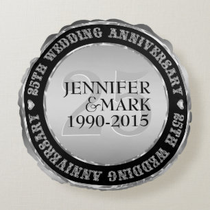 25-jarig huwelijksjubileum Metallic Zilver & Zwart Rond Kussen