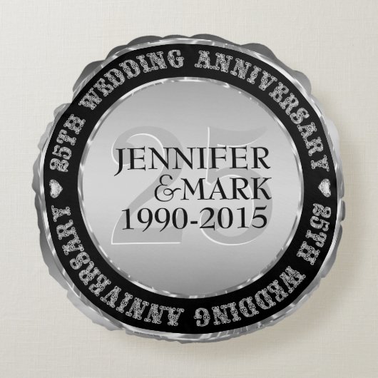 25-jarig huwelijksjubileum Metallic Zilver & Zwart Rond Kussen (Voorkant)