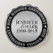 25-jarig huwelijksjubileum Metallic Zilver & Zwart Rond Kussen (Achterkant)