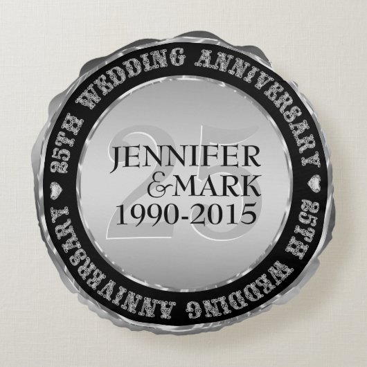 25-jarig huwelijksjubileum Metallic Zilver & Zwart Rond Kussen