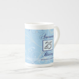 25-jarig jubileum in blauw en zilver porselein kop