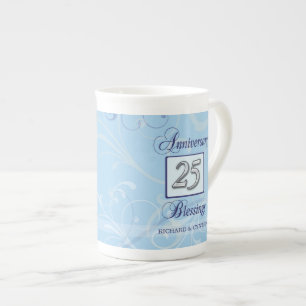 25-jarig jubileum in blauw en zilver porselein kop