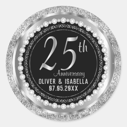 25-jarig jubileum in zilverkleurig metaal en zwart ronde sticker (Voorkant)