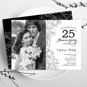 25-jarig jubileum met foto - Wit zwart bloemmotief Kaart