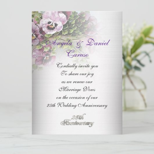 25-jarig jubileum Uitnodiging soft pansies (Staand voorkant)