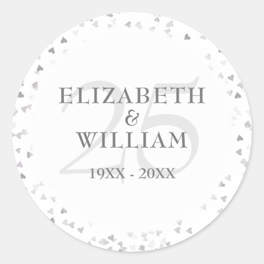 25-jarig jubileum Zilveren Hartjes Ronde Sticker (Voorkant)