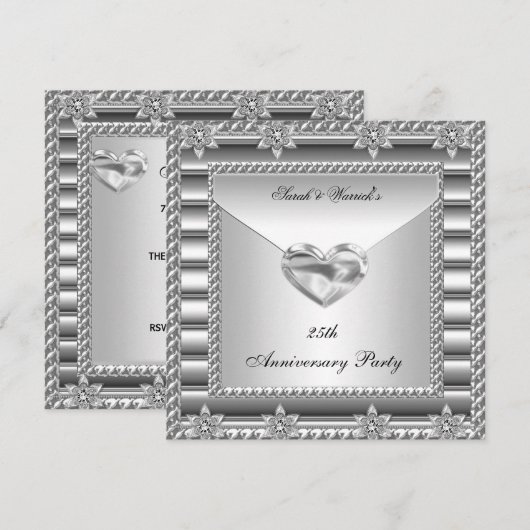 25-jarig jubileumfeest Zilver Wit Hart Juwelen 3 Kaart (Voorkant / Achterkant)