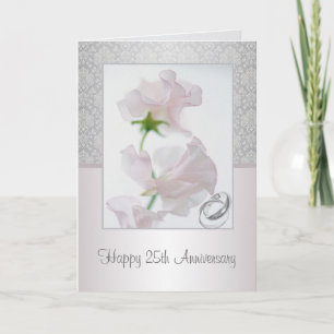 25-jarig jubileumkaart. Bloemen, ringen, damastpat Kaart