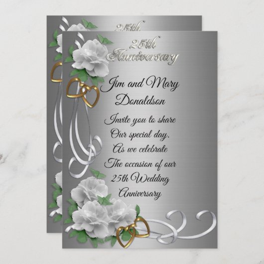 25 Jubileum uitnodiging elegante witte rozen (Voorkant / Achterkant)