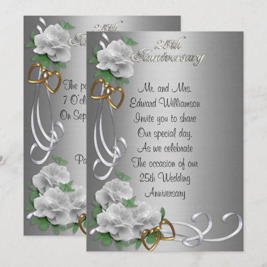 25 Jubileum uitnodiging witte rozen zilversatin (Voorkant / Achterkant)