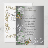 25 Jubileum uitnodiging witte rozen zilversatin (Voorkant / Achterkant)