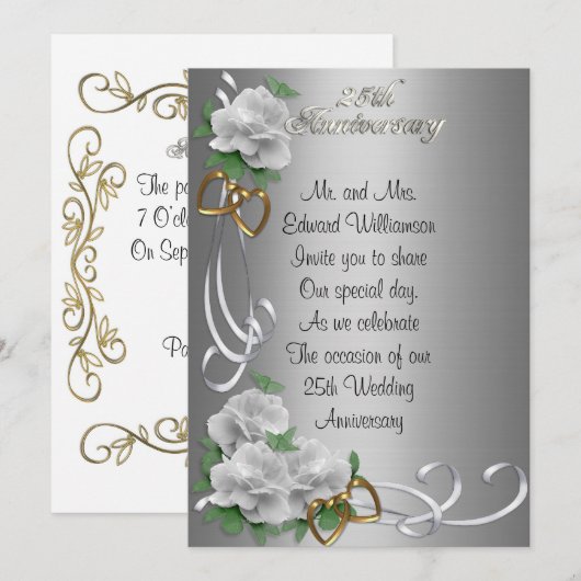 25 Jubileum uitnodiging witte rozen zilversatin (Voorkant / Achterkant)