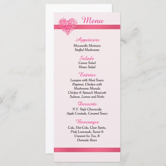 25 Kaarten van het roze Confetti hartlentmenu (Voorkant / Achterkant)