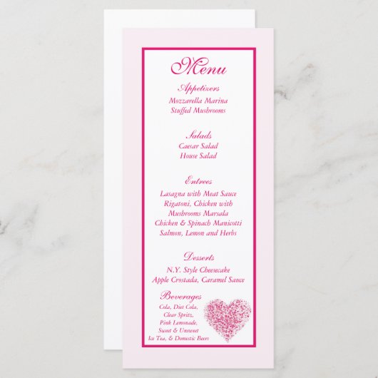 25 Lichtroze Hart Bruiloft Menu Labels (Voorkant / Achterkant)